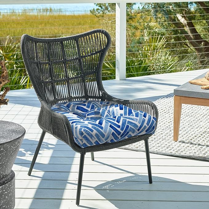 Set of 2 Outdoor Tufted Chair Cushions 19"x19"x4", Water Repellent Patio Seat Cushions with Ties, Replacement Chair Pads for Wicker Dining and Patio Furniture - Blue Bricks