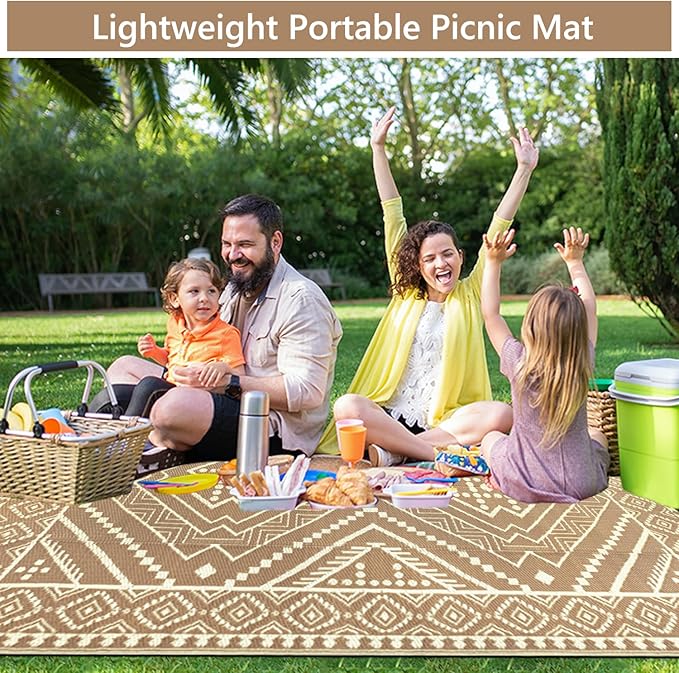 Waterproof Outdoor Rug 5x8 ft, Reversible Plastic Straw Mat, Large Floor Mat for Patio, Camping, Picnic, Backyard RV, Deck, Beige