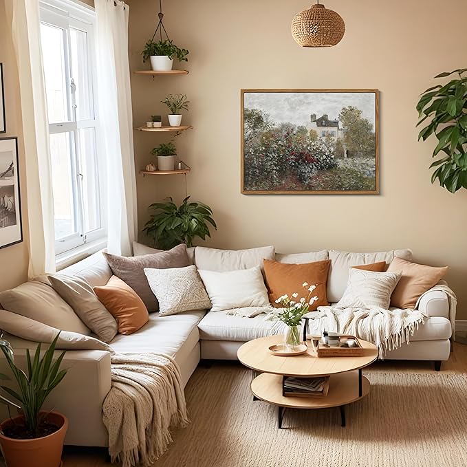 Floating Framed Vintage Monet Canvas Wall Art, Classical Rustic Farmhouse Landscape Wall Decor Paintings, Natural Floral Artwork Pictures Posters Prints for Living Room Bedroom 12x16 inch