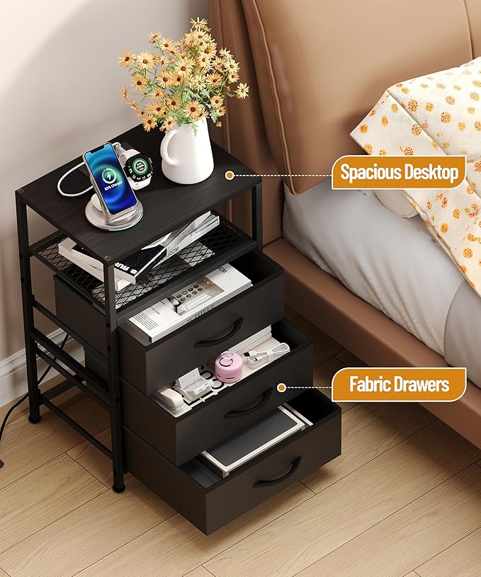 End Table with Charging Station, 11" D x 15" W Night Stand with LED Light, Nightstand with Fabric Drawers, Bedside Table with Open Shelf, Side Table for Bedroom, Living Room, Black