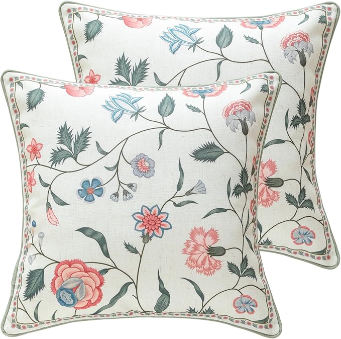 Design Square Retro Elegance Linen Throw Pillow Covers 18"x18" Pack of 2, Green Pink Floral Pattern Cushion Covers Decor Pillowcases for Bed,Living Room,Outdoor,Car