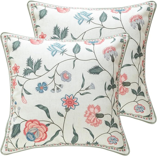 Design Square Retro Elegance Linen Throw Pillow Covers 18"x18" Pack of 2, Green Pink Floral Pattern Cushion Covers Decor Pillowcases for Bed,Living Room,Outdoor,Car