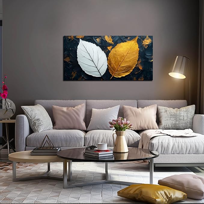 CANEITO Leaves Wall Art for Living Room, Black White and Gold Wall-Decor for Bedroom, Waterproof Canvas Print, Size 40x20 Inches