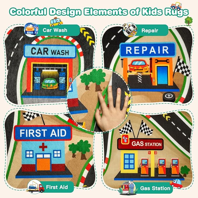 Kids Rug, Race Track Baby Play Mats, 5' x 7' FT Kids Rug for Playroom,Extra Thick (0.4in) Realistic 3D Cascading Surround Route, Great for Playing with Cars and Toys, Non-Slip Car Carpet