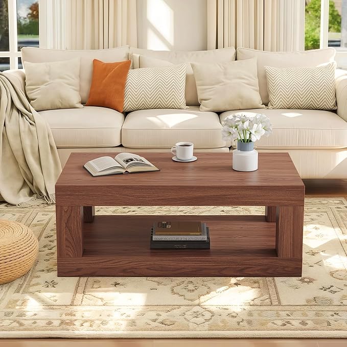 39.37" Coffee Table with Storage, 2-Tier Mid Century Rectangular Accent Table with Thick Tabletop, Rustic Style Cocktail, Center Table for Living Room, Office, Apartment (Walnut)