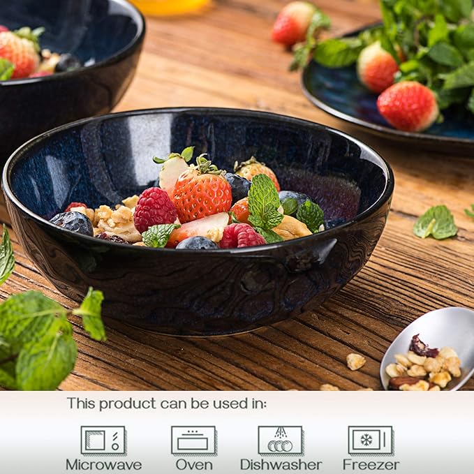 vicrays Ceramic Salad Bowls Set for Kitchen, Serving - 32 Ounce Soup Bowls, Pasta Bowls, Chip Resistant, Dishwasher Microwave Safe, Large, Fluted, stoneware, Set of 6 (Blue)