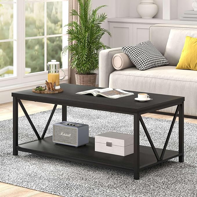 EXCEFUR Small Coffee Table, Modern Living Room Tables with Storage Shelf, Rustic Wood Rectangle Center Table, 2 Tier Wooden Low Cocktail Tea Table for Small Spaces, 39.3 Inch Black Oak
