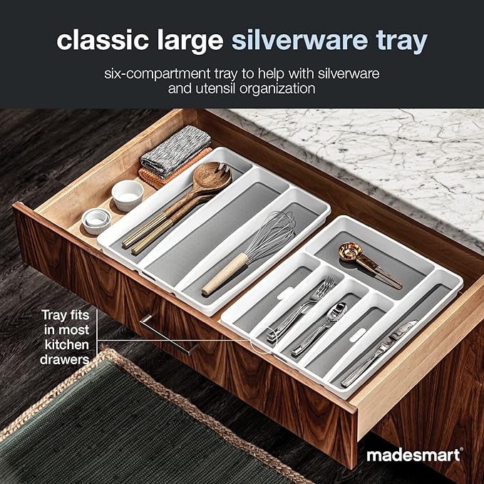 madesmart Classic Large Silverware Tray - White |CLASSIC COLLECTION | 6-Compartments| Kitchen Drawer Organizer | Soft-Grip Lining and Non-Slip Rubber Feet | BPA-Free