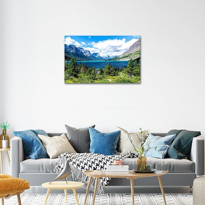 SKASNFAI Glacier National Park Wall Art Lake Mountains Pictures Framed Canvas Prints Artwork for Living room Bedroom Office Ready to Hang (16x24 inch)
