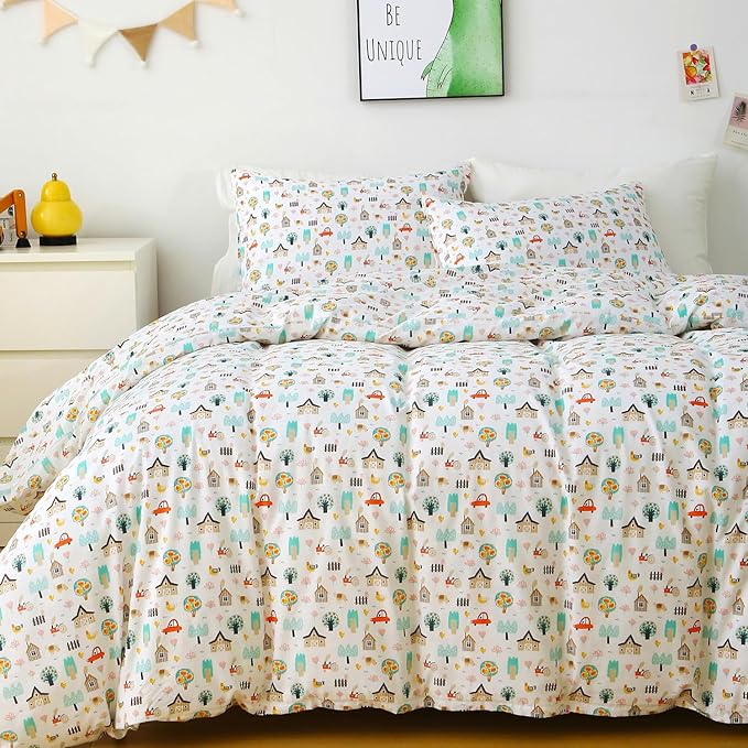 Ivellow Queen Duvet Cover Set Cottage White 100% Cotton Duvet Cover for Kids Cute Bedding Set 3Pcs Ultra Soft Breathable Kids Duvet Cover Patterned Cartoon Comforter Cover Boys Girls Toddler Teen