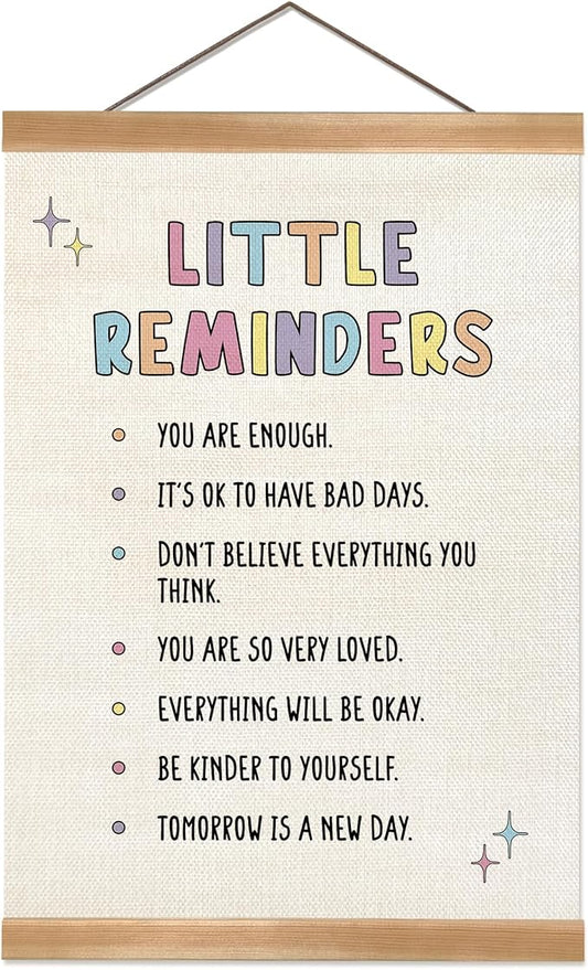 ZTGDA Little Reminders Mental Health Wall Art – Positive Affirmations Poster with Wooden Hanger, Motivational Canvas Sign for Kids Room, Therapy Office, or Classroom Decor, 12x16 Inches (Reminders)