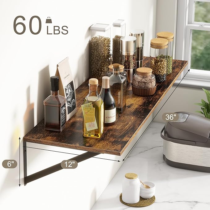 36"W x 12"D Floating Shelves, Deep Floating Shelves with Brackets, 12 Inch Deep Wall Shelves for Books, Wide Display Storage Shelves for Bathroom, Living Room, 36 Inch Long, Rustic Brown, Set of 2