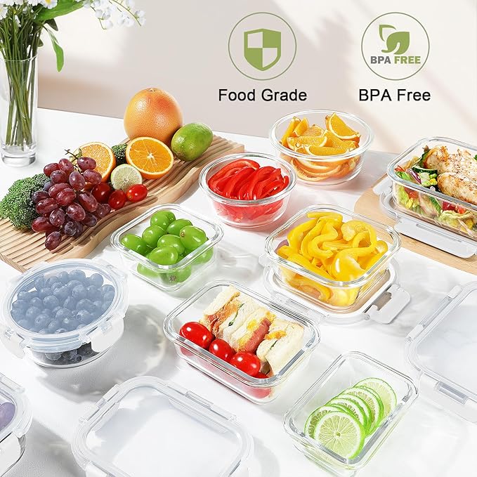 BAYZZ 24 Piece Glass Food Storage Containers with Lids, Airtight Glass Meal Prep Containers for Kitchen, BPA-Free Lunch Box, Microwave and Freezer Safe,White