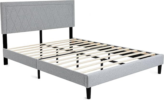Hokway Bed Frame Upholstered Platform Bed with Headboard Wooden Slat Support No Box Spring Needed(Full, Light Gray)