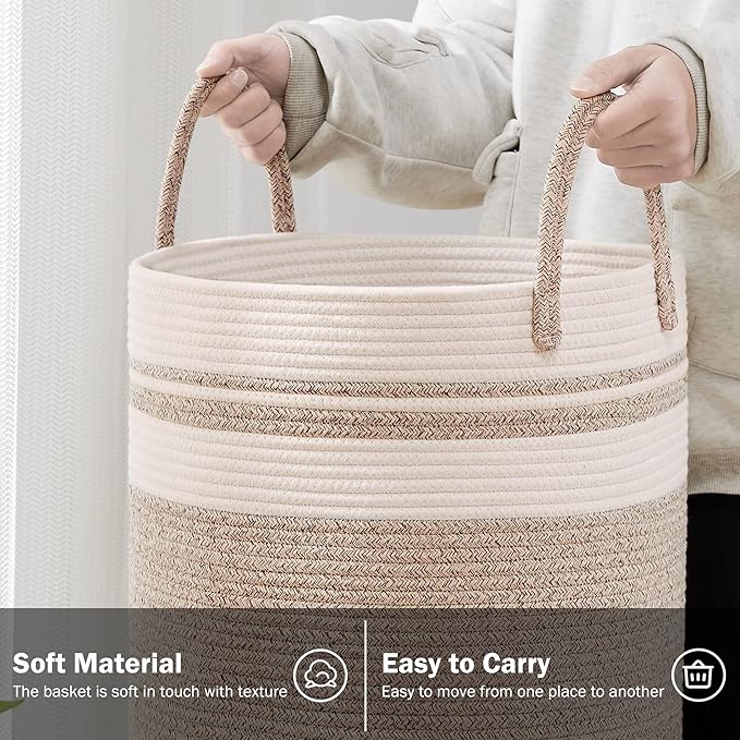 Woven Rope Laundry Hamper Basket, 58L Tall Laundry Basket for Blanket Organizer- Clothes Hamper for Bedroom Storage, Baby Kids Nursery Hamper-Large-Brown