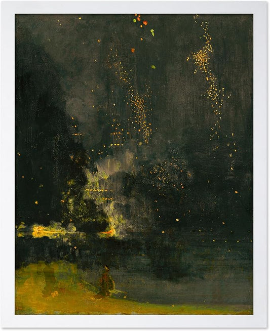 Poster Master Vintage Nocturne in Black and Gold Painting Poster - Retro The Falling Rocket Print - Abstract Art - Moody Art - Landscape Art - Office or Living Room Decor, 8x10 White Framed