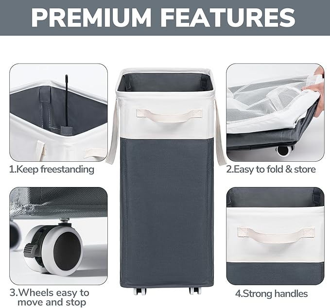 Goodpick Laundry Basket with Wheels, 75L Laundry Hamper for Dirty Clothes, College Dorm Essentials, Clothes Hamper for Livng Room, Grey&White