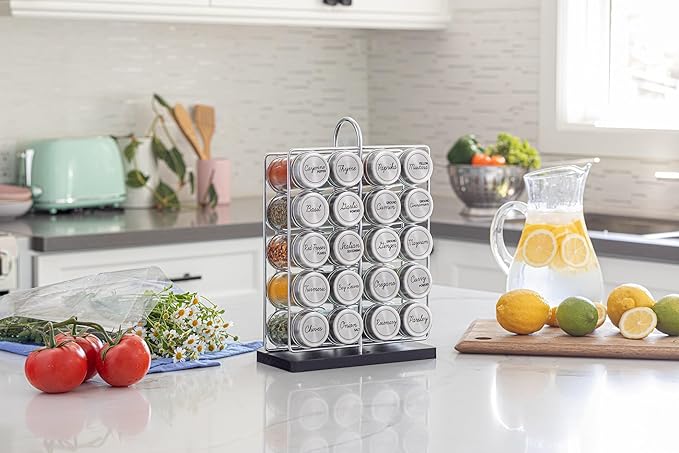 Orii 20 Jar Chrome Wire Spice Rack with Bamboo Base | Includes SS Funnel | 160 Preprinted + 20 Blank Spice Labels Included | Compact and Minimalistic Kitchen Pantry Spice Organizer Rack