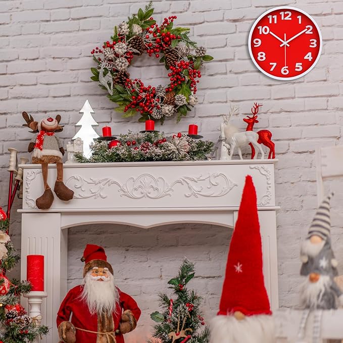 Red Wall Clock 10 Inch Silent Non-Ticking Battery Operated,Small Modern Wall Clocks Quality Quartz Analog Clock Decorative for Kitchen Home School Office, 3D Numbers Easy to Read