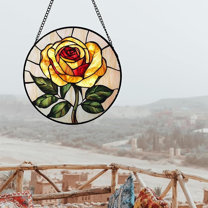 Stained Glass Window Hanging - Elegant Yellow Rose Flower Sun Catcher for Door Garden Home Decor Suncatcher Christmas Mother's Day Birthday Gifts for Women Mom Girl Nana Friend 11.8 in