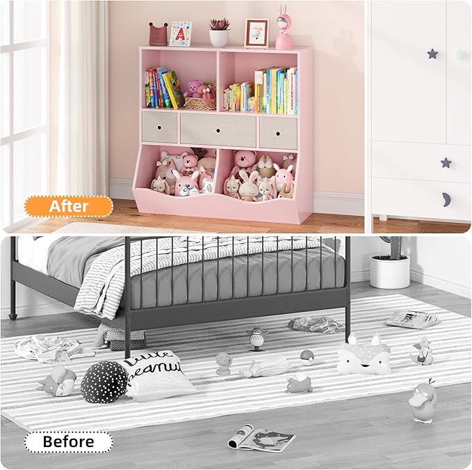 GAOMON 7-Cubby Large Kids Toy Storage Organizer, Children Wood Bookcase and Bookshelf, 3-Tier Toy Storage Cabinet with 3 Drawers for Hallway, Playroom, Living Room, School,Pink