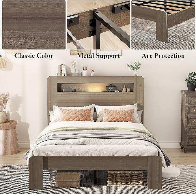 Wooden Bed Frame Full Size with Storage Headboard - Farmhouse Platform Bed Frame with Bookcase Shelf & Led Lights, Sturdy Wood Slat Framework Bed Frame (Light Brown LED)