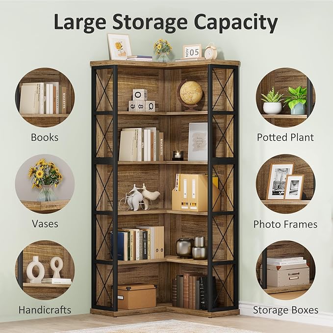 5-Tier L Shaped Bookshelf, Vintage Industrial Corner Bookcase, Large Tall Storage Shelves Display Rack with Metal Frame for Living Room, Home Office, Bedroom, Light Brown