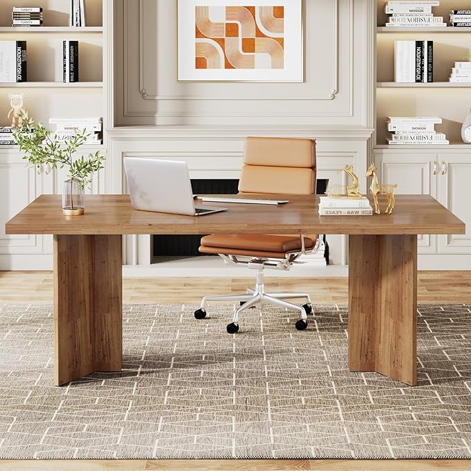 Tribesigns 63-inch Executive Desk, Vintage Home Office Computer Desk with Large Tabletop, Farmhouse Wood Writing Conference Table Workstation for Office, Study, Walnut Brown