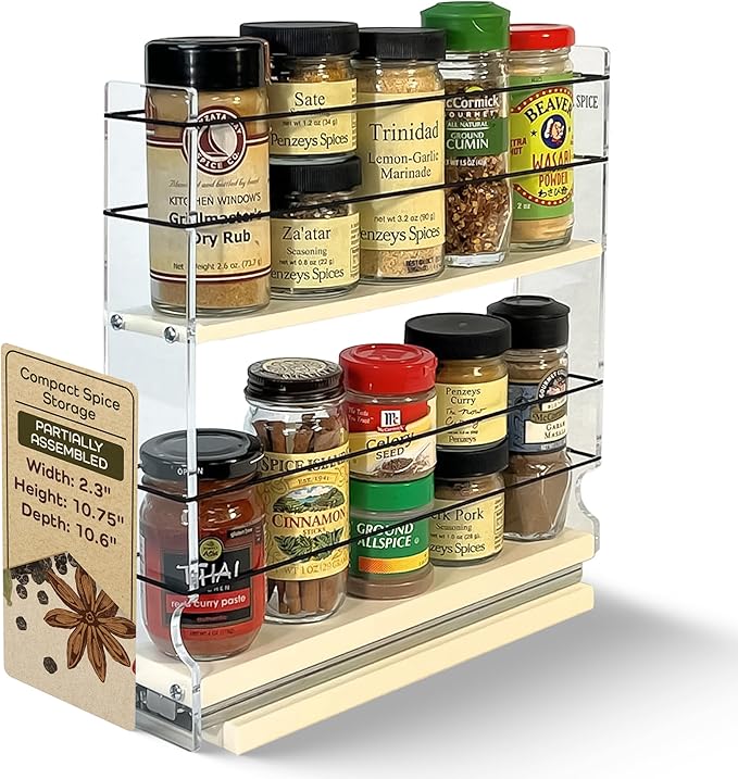 Vertical Spice Narrow Spice Rack -Sliding Spice Jars Organizer - Pantry Organizers & Storage - Slide Out Drawers for Kitchen Cabinets -Seasoning Caddy (2.3" W x 10.75" H x 10.6"D, Partially Assembled)