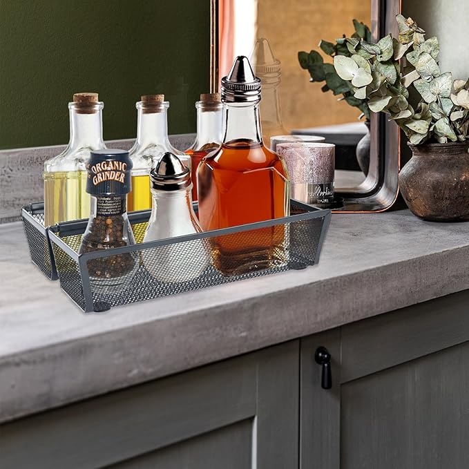 2PCS Drawer Organizer, Mesh Drawer Organizer with Interlocking Arm for Utensil, Cosmetic, Flatware, Pen (9 * 3 * 2 Inches, Black)