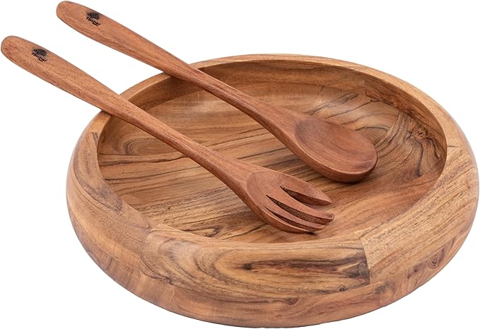 Acacia Wood Bowl Set – Round Wooden Serving Bowl with Spoon and Fork, Handmade Large Fruit and Salad Bowl, Natural Finish, Rustic Kitchen Dining Tableware for Snacks, Meals & Hosting – 2.5 Inch Deep