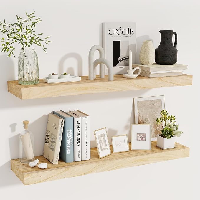 fuqing Floating Shelves for Wall - 36 Inch Natural Wood Shelves Set of 2-9.3 Inch Deep Wooden Wall Shelves with Upgraded Metal Brackets for Room