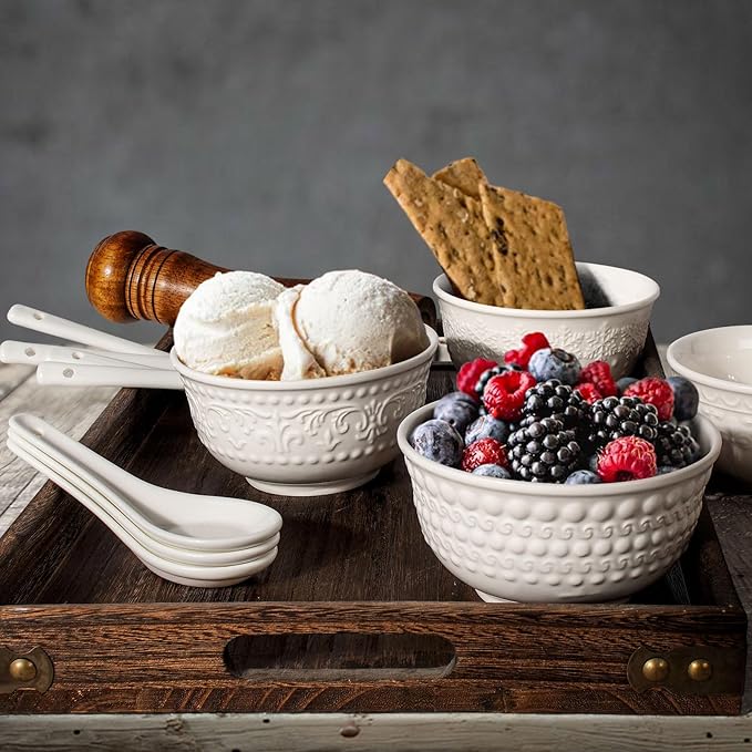 Small Ceramic Bowls - 14 Oz Ice Cream Bowls Set of 4, White Embossment Dessert Bowl for Kitchen, Soup, Side Dishes, Oatmeal, Rice, 4.75 Inch Microwave Oven Safe(Auspicious Clouds)