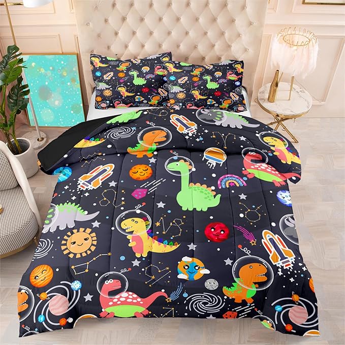 Cartoon Dinosaur Comforter Set - Boys Full Size Dinosaur Bedding Set for Bedroom Dinosaurs Quilt with 2 Pillowcases for Kids Girls Boys Room Decor, 3 Pieces