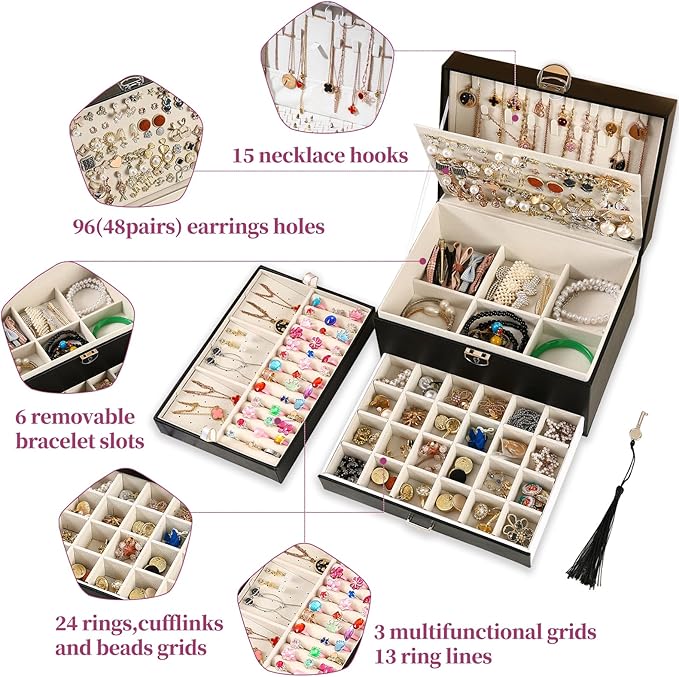BOOVO Earring Jewelry Box For Women Girl Stud Organizer, 5 Layers Girl Jewelry Organizer Box With Lock Earring Holder Organizer Necklace Ring Jewelry Organizer Box For Girls (Black)