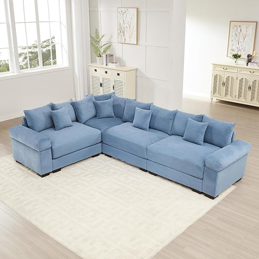 KEIKI 117" L-Shaped Oversized Corduroy Modular Cloud Sectional Sofa with High-Density Foam Cushion, Extra-Thick Armrest, Convertible 4-Seater Fluffy Corner Couch with 14 Pillow, for Living Room, Blue