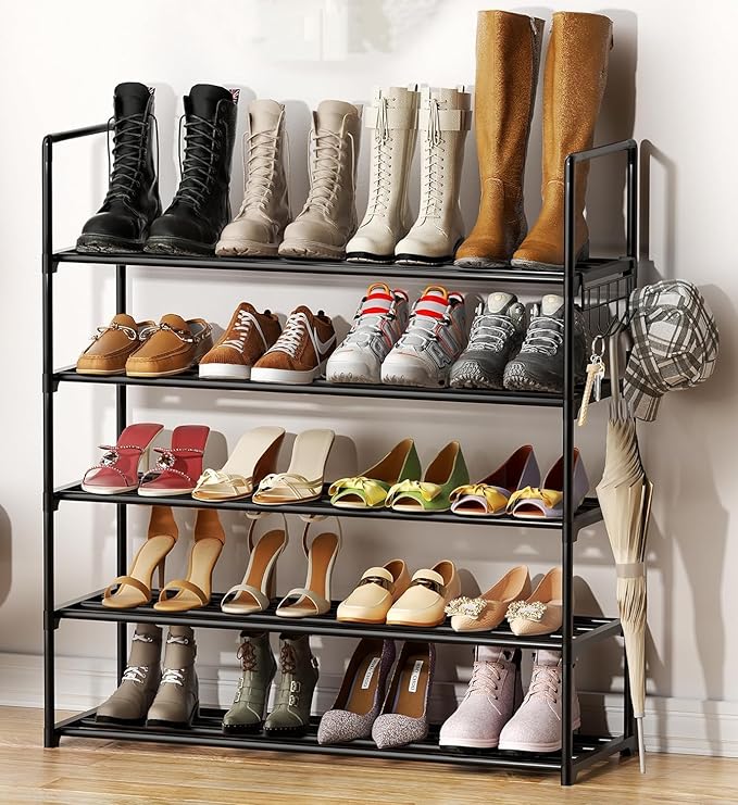 Metal Shoe Organizer,5 Tiers Shoe Storage Shoe Rack with Hooks,Fit 20-25 Pairs,Adjustable Shoe Shelf for Entryway,Hallway,Bedroom,Metal Bottom Support