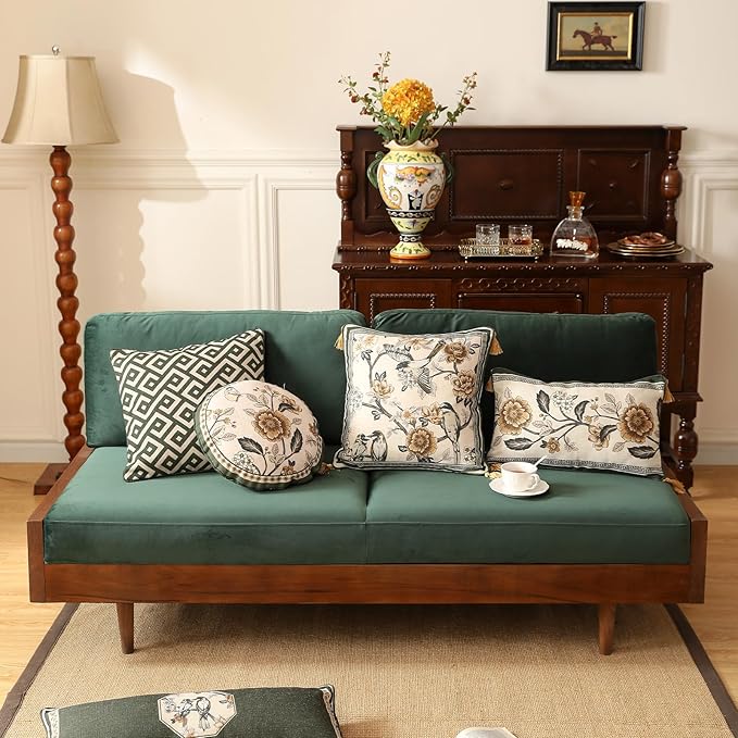 Design Linen Chinoiserie Round Throw Pillow Covers Diameter 16", Farmhouse Cushion Covers with Yellow Floral Birds Pattern Decoration Pillowcases for Bed,Living Room,Outdoor,Car