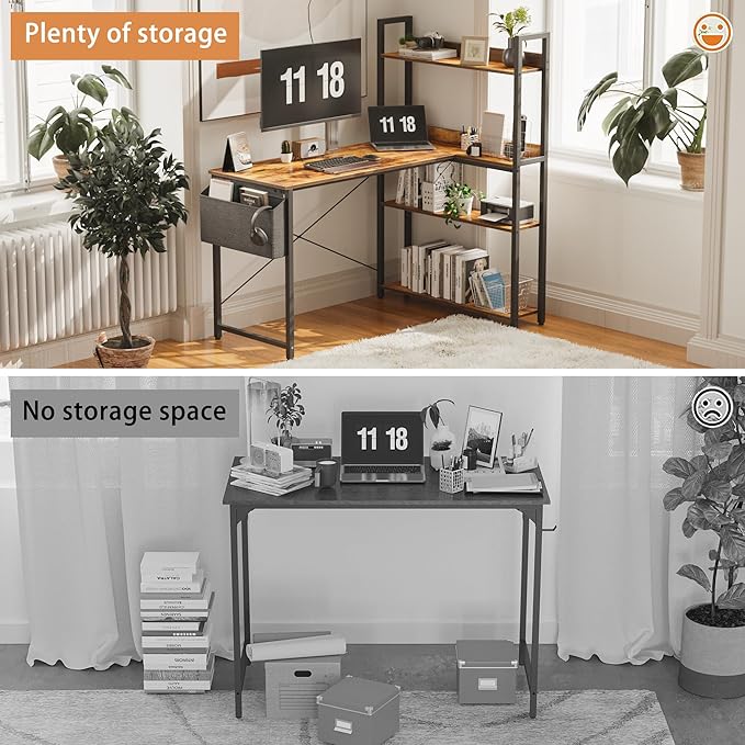 Treesland 55 Inch Computer Desk with Storage Shelves, L Shaped Desk with Storage, Corner Desk with Shelves, Home Office Desks, Bookshelf Desk, Writing Study Desk for Bedroom, Brown