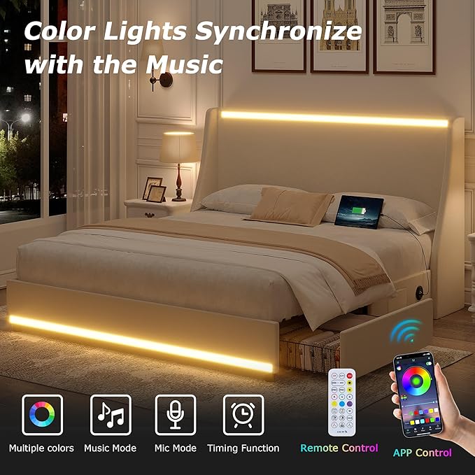 VECELO Full Size Bed Frame with Storage Drawers, Upholstered Platform Bedframe with Wingback Headboard, No Box Spring Needed, Beige