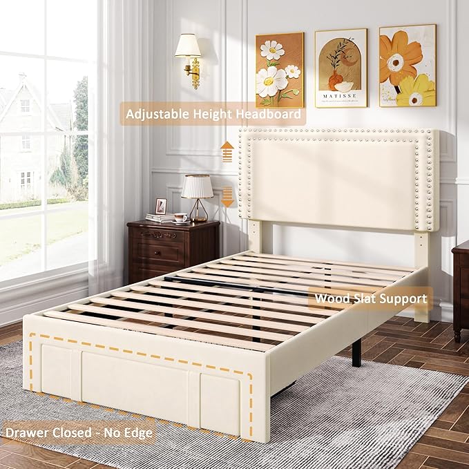 VECELO Twin Platform Bed Frame with Storage Drawer, Adjustable Velvet Rivet Headboard, Wooden Slats Support, No Box Spring Needed, Easy Assembly