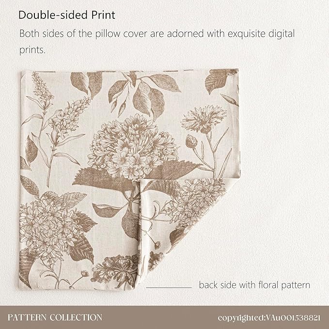 Foindtower Set of 2 Linen Floral Throw Pillow Covers Neutral Vintage Print Decorative Cushion Covers Farmhouse Boho Home Decor for Sofa Chair Couch Bedroom Living Room Outdoor,22×22 Inch,Light Brown