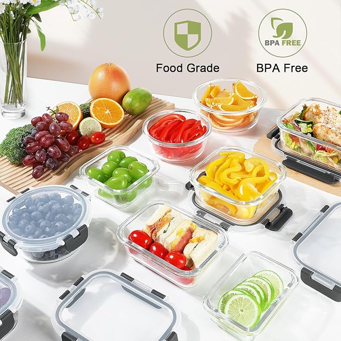 BAYZZ 24 Piece Glass Food Storage Containers with Lids, Airtight Glass Meal Prep Containers for Kitchen, BPA-Free Lunch Box, Microwave and Freezer Safe