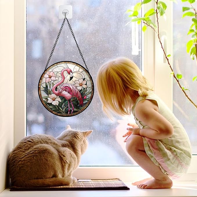Stained Glass Window Hanging, Flamingo Flower Sun Catchers Diamond Glass Panel Hangings Pink Suncatcher Decor for Birthday for Women, Men, Wife, Aunt, and Mom 6.3 in