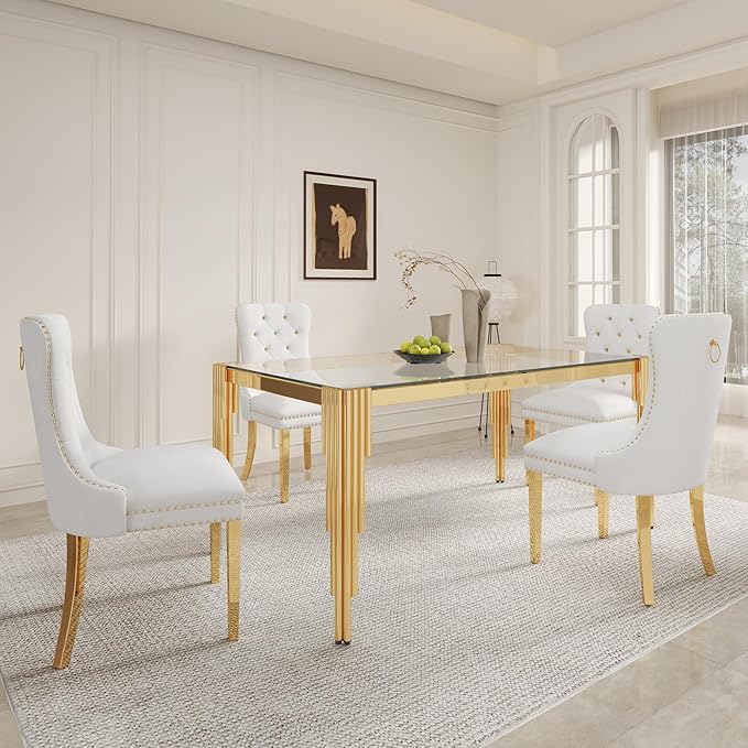 5 Piece Glass Dining Table Set, Modern 63" Rectangle Glass Kitchen Table with 4 White Velvet Upholstered Chairs, Gold Dining Table for 4 with Chairs Set for Kitchen, Living Room