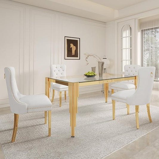 5 Piece Glass Dining Table Set, Modern 63" Rectangle Glass Kitchen Table with 4 White Velvet Upholstered Chairs, Gold Dining Table for 4 with Chairs Set for Kitchen, Living Room
