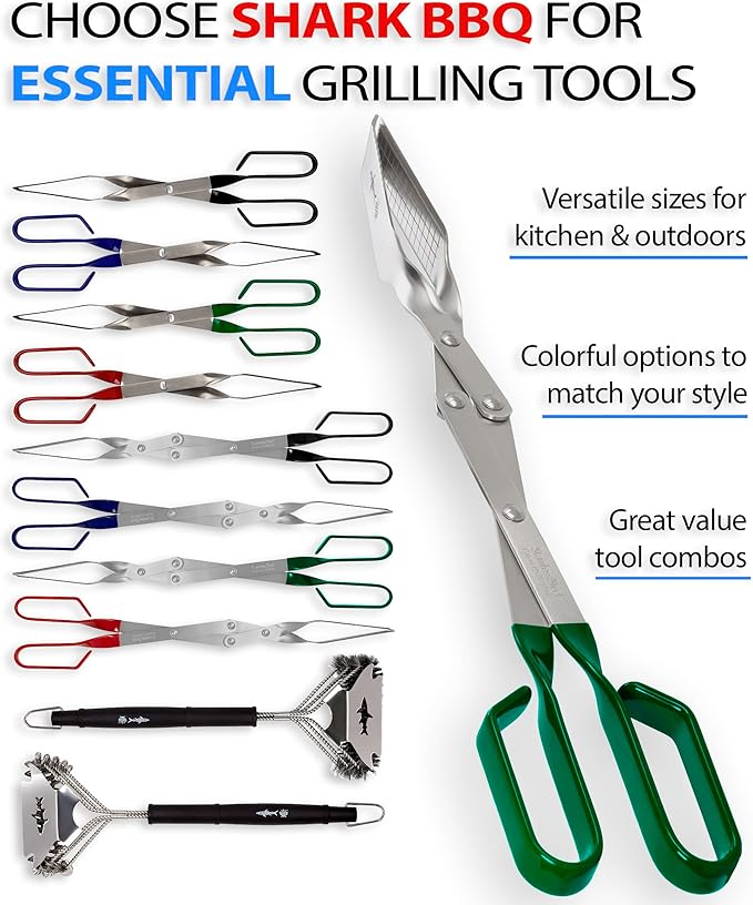 Shark BBQ Grill Tongs - 2-Pack, Great Value - 17" & 13" Professional Kitchen and Outdoor Grilling Utensil Set (Green)