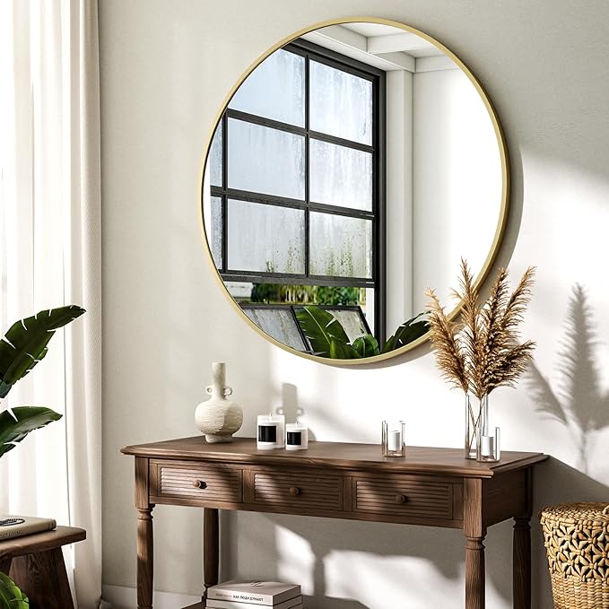 36 Inch Round Mirror - Circle Mirrors for Bathroom, Entryway and Living Room Wall Decor, Modern Hanging Vanity Mirror, Matte Gold Circle Decorative Wall Mirror