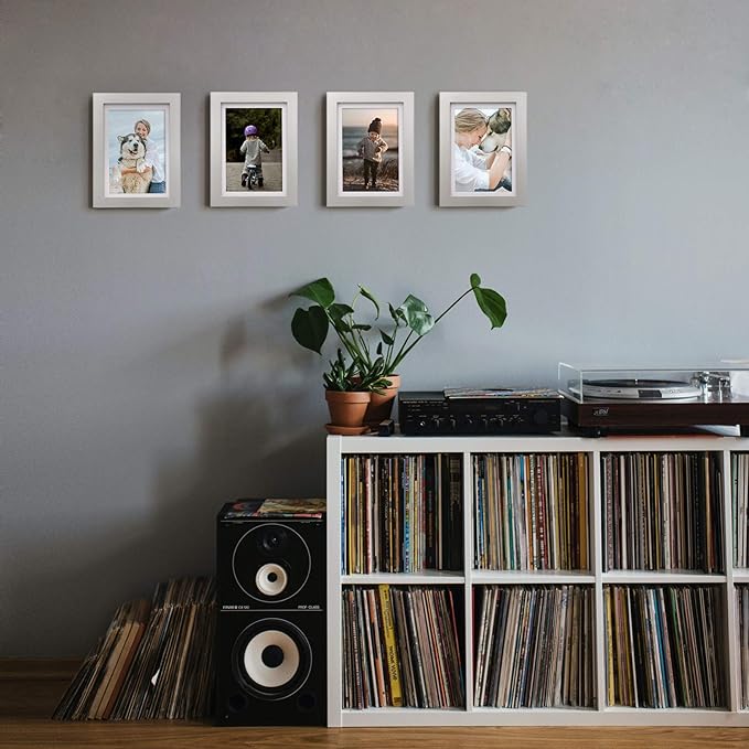 KINLINK 5x7 Picture Frame Light Grey, Solid Wood Frames with Acrylic Plexiglass for Pictures 4x6 with Mat or 5x7 without Mat,Tabletop and Wall Display Photo Frame Set of 4