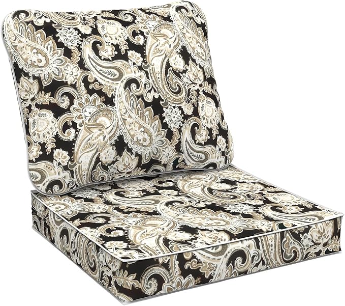 Outdoor Deep Seat Cushions Set 24 x 24 Inch for Patio Furniture,Water Resistant Chair Cushions Replacement Includes Seat Cushion & Back Pillow for Couch Sofa, Wicker Chair - Paisley Black